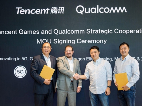 Pictured (left to right): Frank Meng, chairman Qualcomm China, Cristiano Amon, president Qualcomm Technologies, Steven Ma, SVP Tencent, Daniel Wu, GM of Innovation Lab Tencent. Photo Credit: TENCENT GAMES